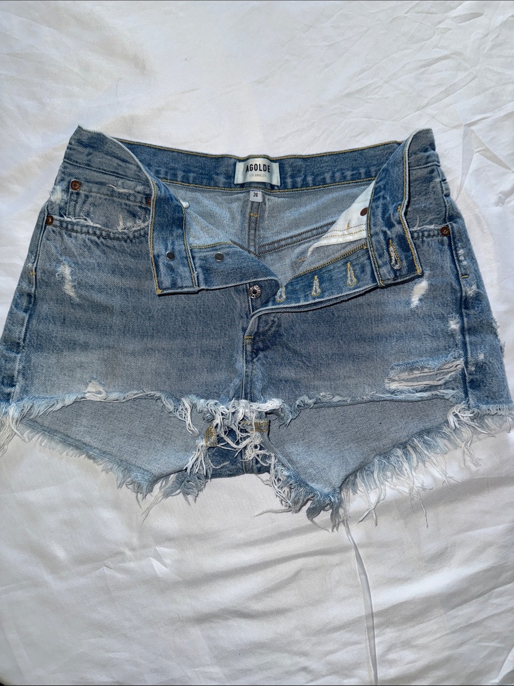 Agolde Light Blue Distressed High-Rise Denim Cutoff‎ Shorts